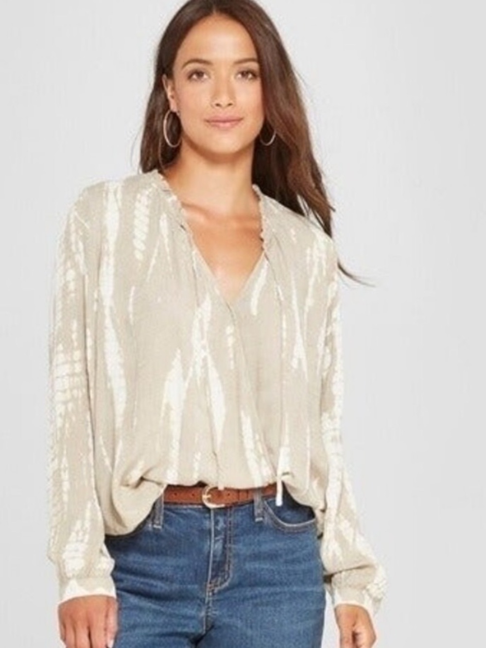 Knox Rose Beige Neutral Long Sleeve Blouse Artsy Lagenlook Crossover Rayon XX